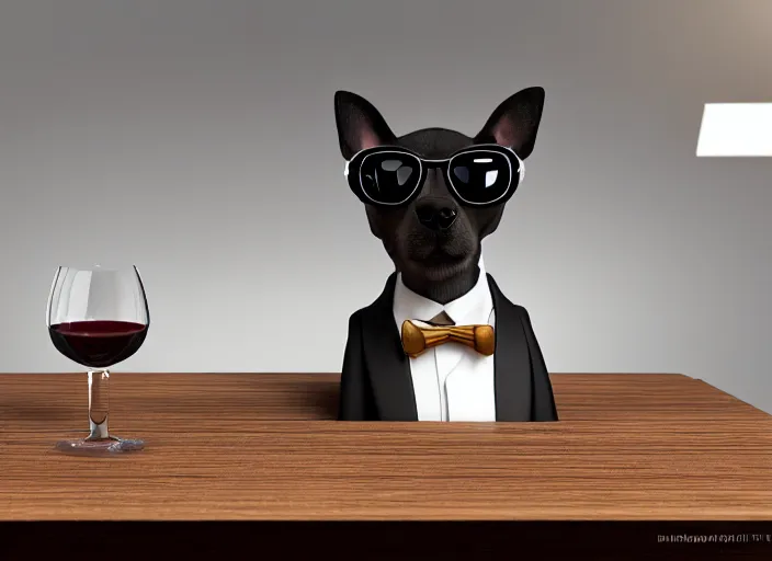 Prompt: a portait picture of a dog wearing a formal suit and a sunglasses near a table with a cup of wine, concept art, octane render, unreal engine 5, 4K, symmetrical, low contrast, serene landscape, calm, relaxing, high quality, highly detailed, high coherence, path tracing, natural light, trending on DeviantArt