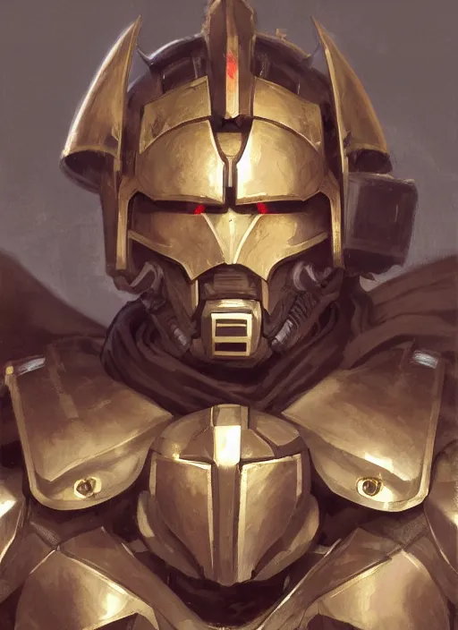 Image similar to medium-length portrait of a male paladin with short curly hair and a dark beard, dark brown skin, happy expression, wears a suit of power armor, gundam, medieval setting, highly detailed, digital painting, artstation, concept art, sharp focus, illustration, art by greg rutkowski and alphonse mucha