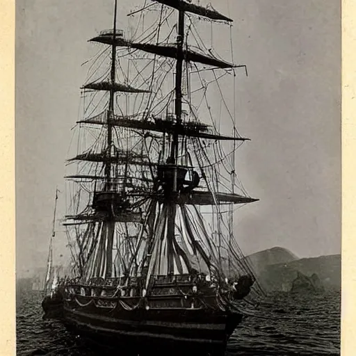 Prompt: an impossibly huge pirate ship. 1910s photograph