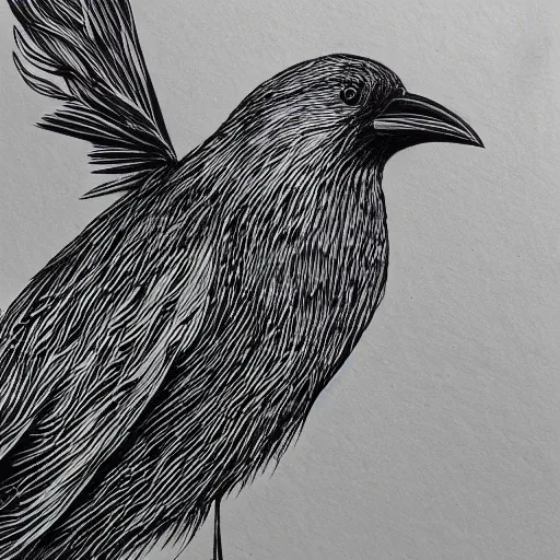 Image similar to detailed crow illustration, full body, surrealist, black ink on white paper, sketched 4k