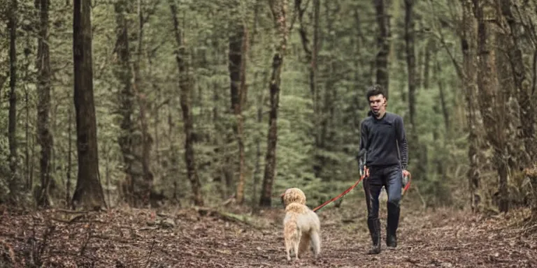 Prompt: man with a dog in a forest