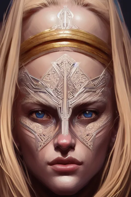 Image similar to symmetry!! portrait of a blonde haired woman in the style of god of war, machine parts embedded into face, intricate, elegant, highly detailed, digital painting, artstation, concept art, smooth, sharp focus, illustration, art by artgerm and greg rutkowski and alphonse mucha, 8 k