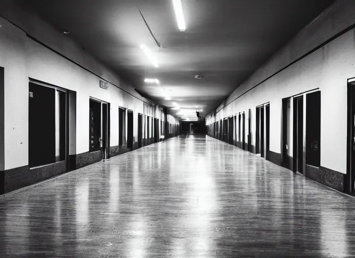 Image similar to a school corridor at night, lights off, moonlight coming through the window