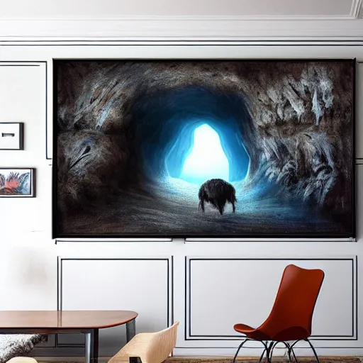 Prompt: : cave art studio with absract painting on the wall high definition 8k hyper-realistic