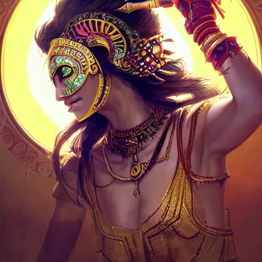 Image similar to the portrait, beautiful aztec masked female violinist, exotic costumes, gold jewelry, black hair ， illustration by wenjun lin, irakli nadar, bright colors, octopath traveler, wenjun lin, unreal engine 5 highly rendered, global illumination, radiant light, detailed and intricate environment