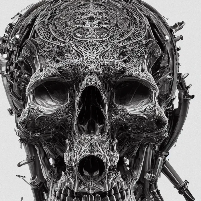 Image similar to mechanical skull, intricate abstract. sharp teeth. delicate artwork. by Tooth Wu, wlop, beeple, dan mumford. octane render, trending on artstation, greg rutkowski very coherent symmetrical artwork. cinematic, hyper realism, high detail, octane render, 8k, depth of field, bokeh. chrome accents.