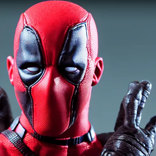 Image similar to wade wilson claymation, deadpool, cinematic, volumetric lighting