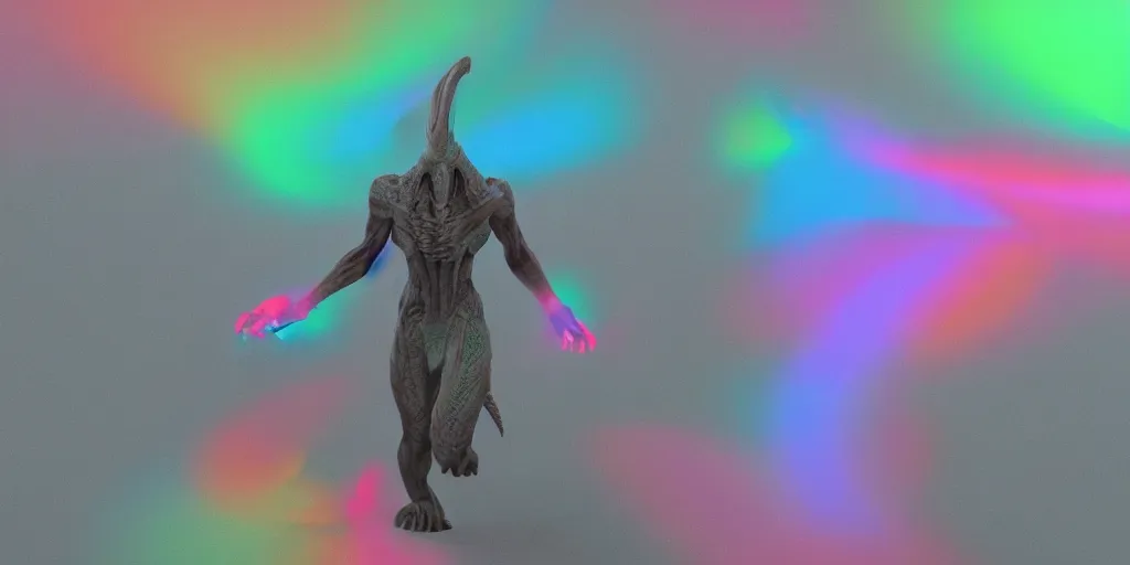 Image similar to reptilian humanoid fighting a huge banshee, with a radiant spectrum, rendered in octane, minimalism