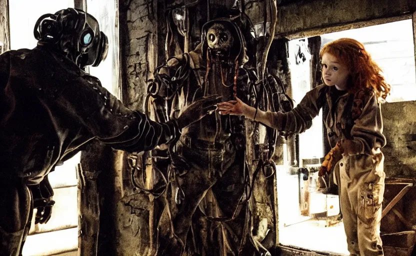 Prompt: scary machine monster grabbing sadie sink dressed as a miner : a scifi cyberpunk film from 1 9 8 0 s. by steven spielberg and james cameron. 6 5 mm low grain film stock. sharp focus, believable facial expression, perfect anatomy, moody cinematic atmosphere, detailed and intricate environment