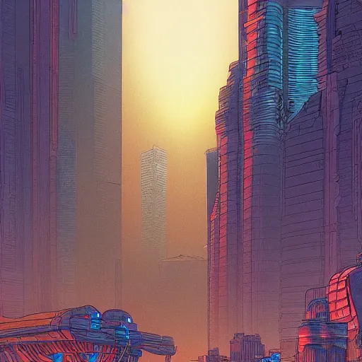 Prompt: moebius, Jean Giraud, cyberpunk, landscape, city, epic, artstation, dusk