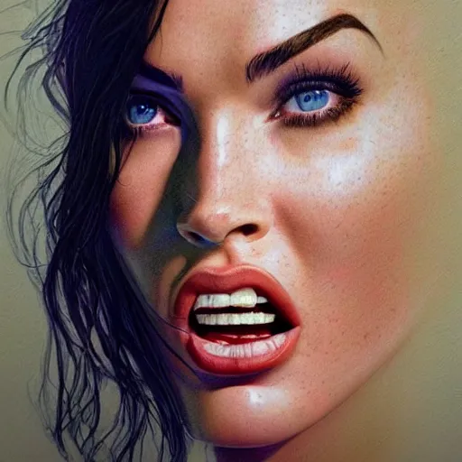 Image similar to megan fox sticking her tongue out. hyperrealistic portrait, photo realistic, poster, artstation, volumetric lighting, digital art, very detailed face by magali villeneuve and by richard meril