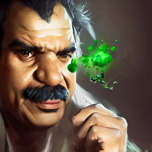 Image similar to hyper realistic, realistic - anime, portrait, beautifully rendered, luis guzman as luigi wearing green, smirking deviously, nintendo's luigi, painted by greg rutkowski, wlop, artgerm, dishonored 2,