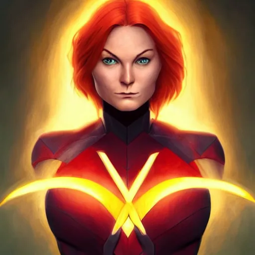 Image similar to jean grey, a full body portrait of jean grey, green eyes, red hair, phoenix rising, flames, comic, x - men, highly detailed, artstation, deviantart, symetry, digital painting, vivid colors, realistic shaded perfect face, volumetric lighting, atmospheric, sharp focus, moody, art by artgerm and greg rutkowski, 8 k