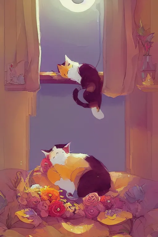 Image similar to a digital art of a cat sleeping in the room with flowers around in the afternoon, the sun shines in, storybook art, watercolor, detailed, cute, by anton fadeev, featured on artstation