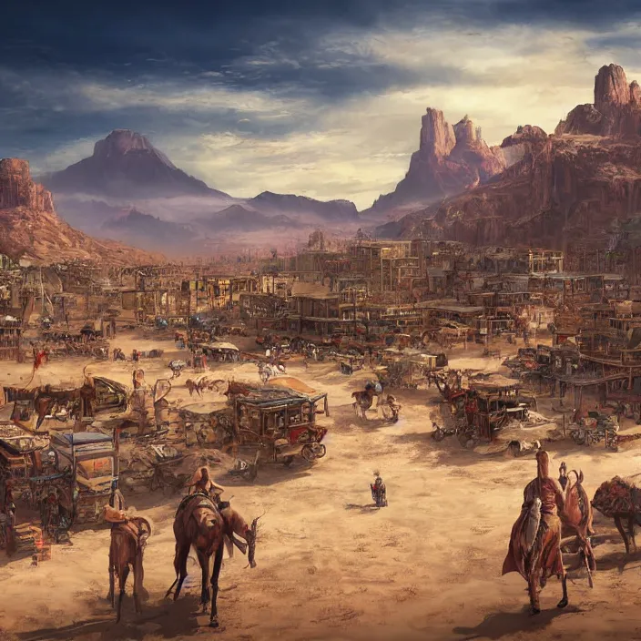 Image similar to populated old western style city bustling with people in the middle of a sandy flat desert with a single mountain on the very distant horizon. magic the gathering art, digital media