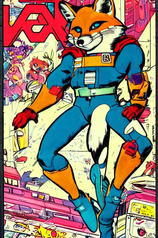 Prompt: 1 9 8 0 s comic book title cover scan, highly detailed professional comic art, featuring a portrait of the hero anthropomorphic fox mccloud from starfox fursona furry fox, in a space cadet outfit, heroic pose, 8 0 s sci - fi comic art