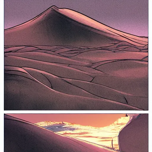 Image similar to Jodorowski's Dune landscapes, concept art, comic book, detailed, in the style of Moebius