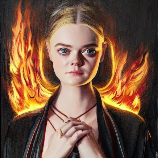 Prompt: ultra realistic medium shot portrait painting of elle fanning in prey wearing black cultist robes surrounded by fire, art by frank frazetta, 4 k, ultra realistic, highly detailed, epic lighting