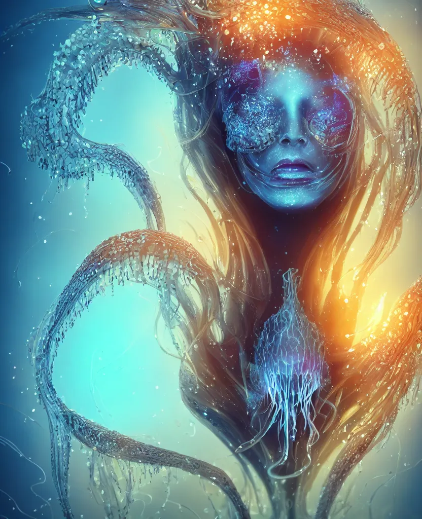 Image similar to close-up macro portrait of the face of a beautiful princess, epic angle and pose, symmetrical artwork, 3d with depth of field, blurred background, cybernetic jellyfish female face skull phoenix bird, translucent, nautilus, energy flows of water and fire. a highly detailed epic cinematic concept art CG render. made in Maya, Blender and Photoshop, octane render, excellent composition, cinematic dystopian brutalist atmosphere, dynamic dramatic cinematic lighting, aesthetic, very inspirational, arthouse. y Greg Rutkowski, Ilya Kuvshinov, WLOP, Stanley Artgerm Lau, Ruan Jia and Fenghua Zhong