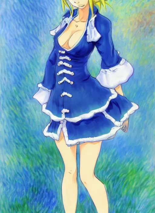 Image similar to a portrait of a female one piece character, blue outfit, very anime in impressionist style, trending artwork, anime painter studio, by claude monet