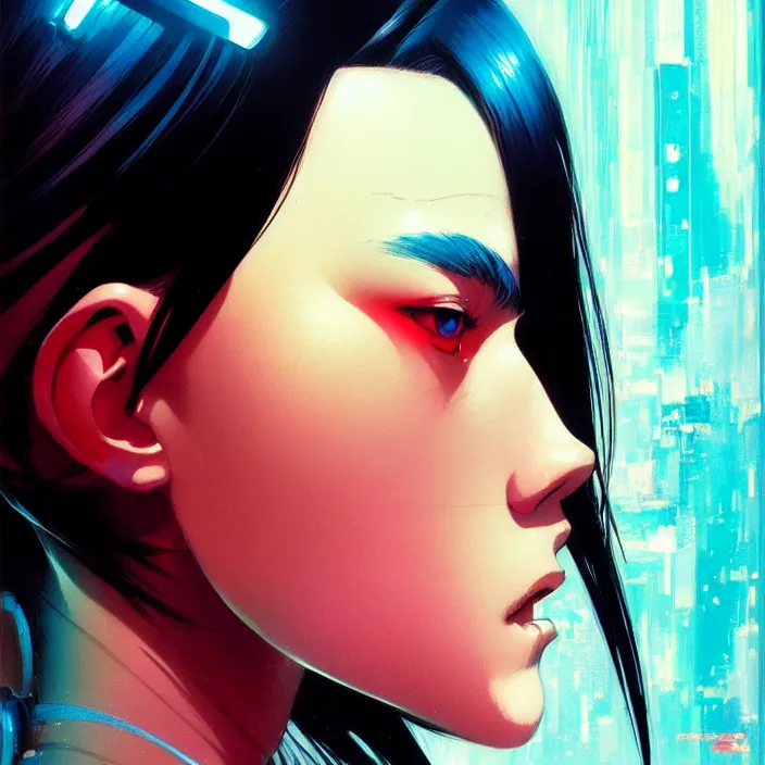 Image similar to side portrait of cyborg girl | | head and shoulders only, audrey plaza, fine detail!! anime!! realistic shaded lighting!! poster by ilya kuvshinov katsuhiro otomo ghost - in - the - shell, magali villeneuve, artgerm, jeremy lipkin and michael garmash and rob rey