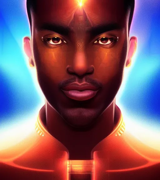 Image similar to symmetry!! egyptian prince of technology, solid cube of light, hard edges, product render retro - futuristic poster scifi, lasers and neon circuits, brown skin man egyptian prince, intricate, elegant, highly detailed, digital painting, artstation, concept art, smooth, sharp focus, illustration, dreamlike, art by artgerm