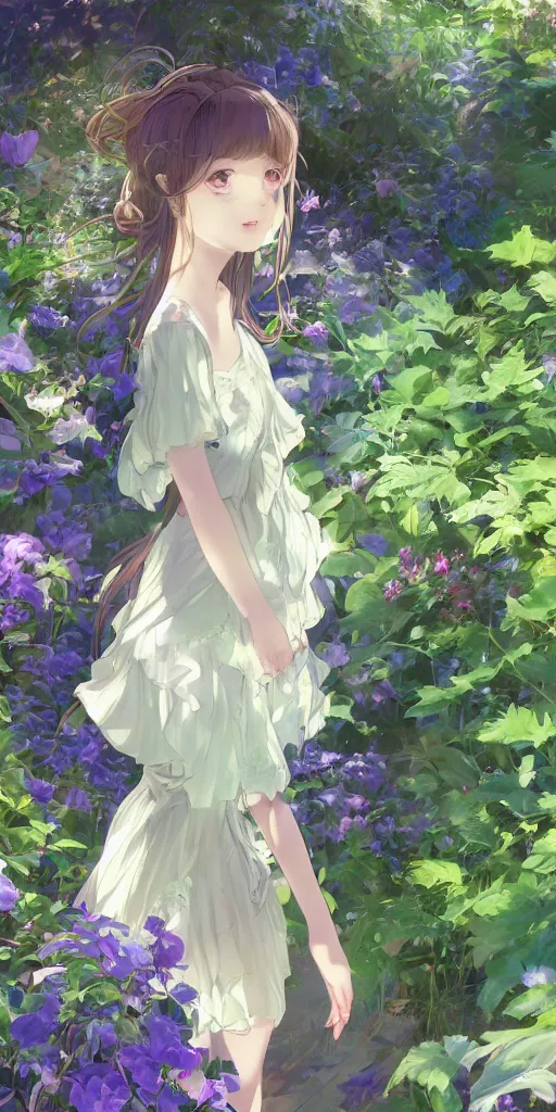 Image similar to a digital art of a loli with long hair in a dress in the privet garden at after noon, green and blue and warm theme, back lighting, highly detailed, 4 k resolution, trending on art station, elegant, depressed, by krenz cushart and mucha and akihito yoshida and greg rutkowski and makoto shinkai