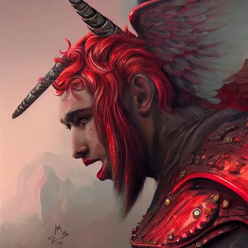 Image similar to man - unicorn hybrid red angel - wings, stunning, thick armor that covers everything, shocked very wide open eyes very open eyes, realistic, symmetric portrait, face, intricate, very detailed, fantasy digital art, trending in artstation, marc simonetti