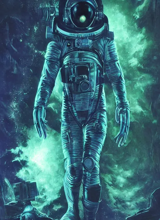 Image similar to astronaut in dark void underwater - complex and hyperdetailed technical suit design. reflection and dispersion materials. rays and dispersion of light. volumetric light. f / 3 2. noise film photo. flash photography. ultra realistic, 5 0 mm. poster by wayne barlowe, hajime sorayama aaron horkey, craig mullins