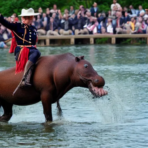 Prompt: a mountie riding on a hippo