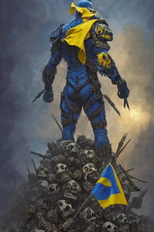 Image similar to a distant shot from behind of a Ukrainian super soldier with blue and yellow flag behind him standing alone on a huge pile of skulls as a winner, masculine muscular figure, D&D, fantasy, intricate, elegant, highly detailed, extremely detailed, digital painting, artstation, concept art, matte, sharp focus, illustration, art by Artgerm and Greg Rutkowski and Alphonse Mucha