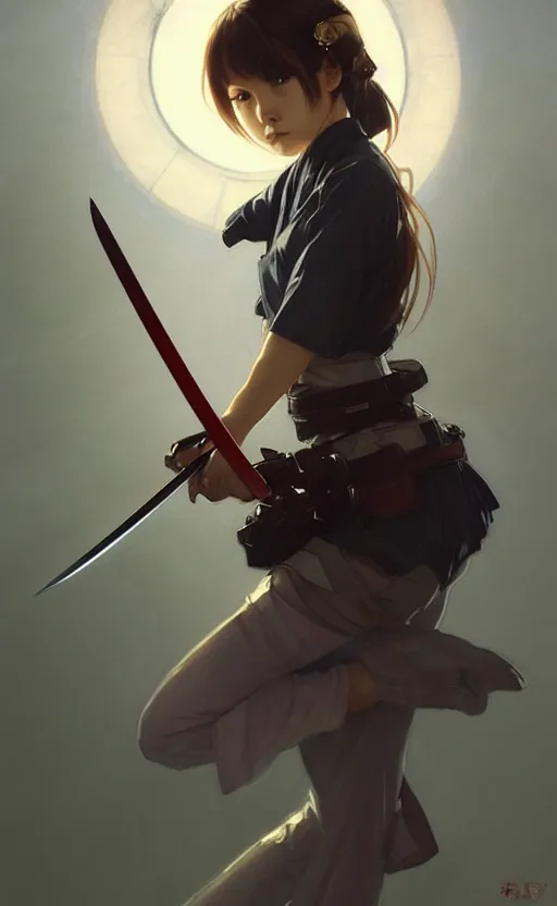 Image similar to Japanese shool girl holding a katana, sci-fi, highly detailed, digital painting, artstation, concept art, smooth, sharp focus, illustration, art by artgerm and greg rutkowski and alphonse mucha