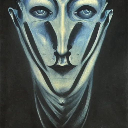 Prompt: Close-up of the cenobite man, pencil drawing. El Greco, Remedios Varo, Salvador Dali, Carl Gustav Carus, John Atkinson Grimshaw. Blue tint. Symetrical, logo, geometric shapes.