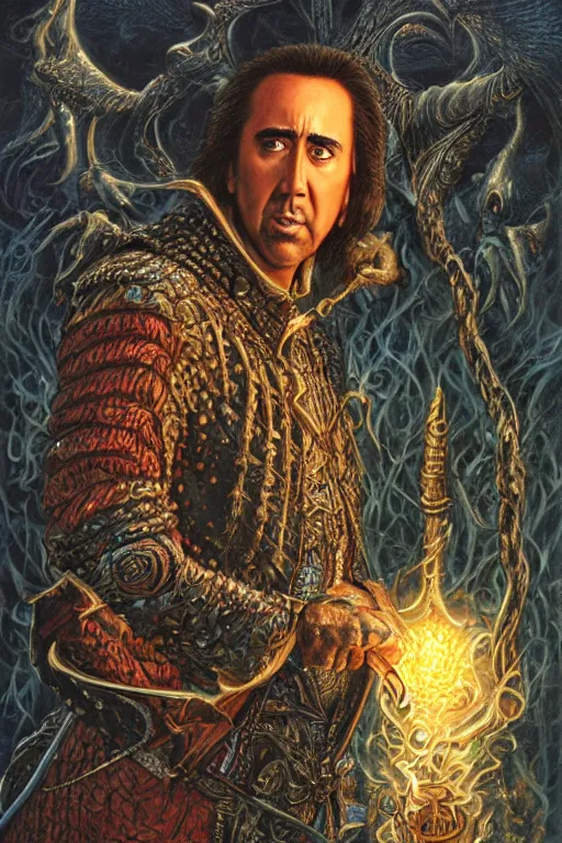 Prompt: portrait of Nicolas Cage as wizard, fantasy, intricate, highly detailed, illustration by ken kelly