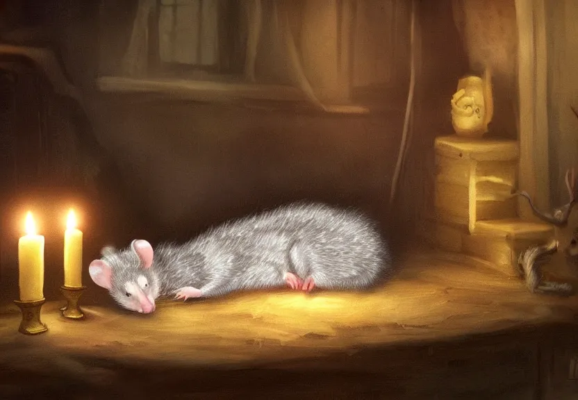 Image similar to cute possum sleeping on a bed in a medieval cluttered cottage at night under the dim light of a candle, dark fantasy, dreaming illusion, trending on artstation