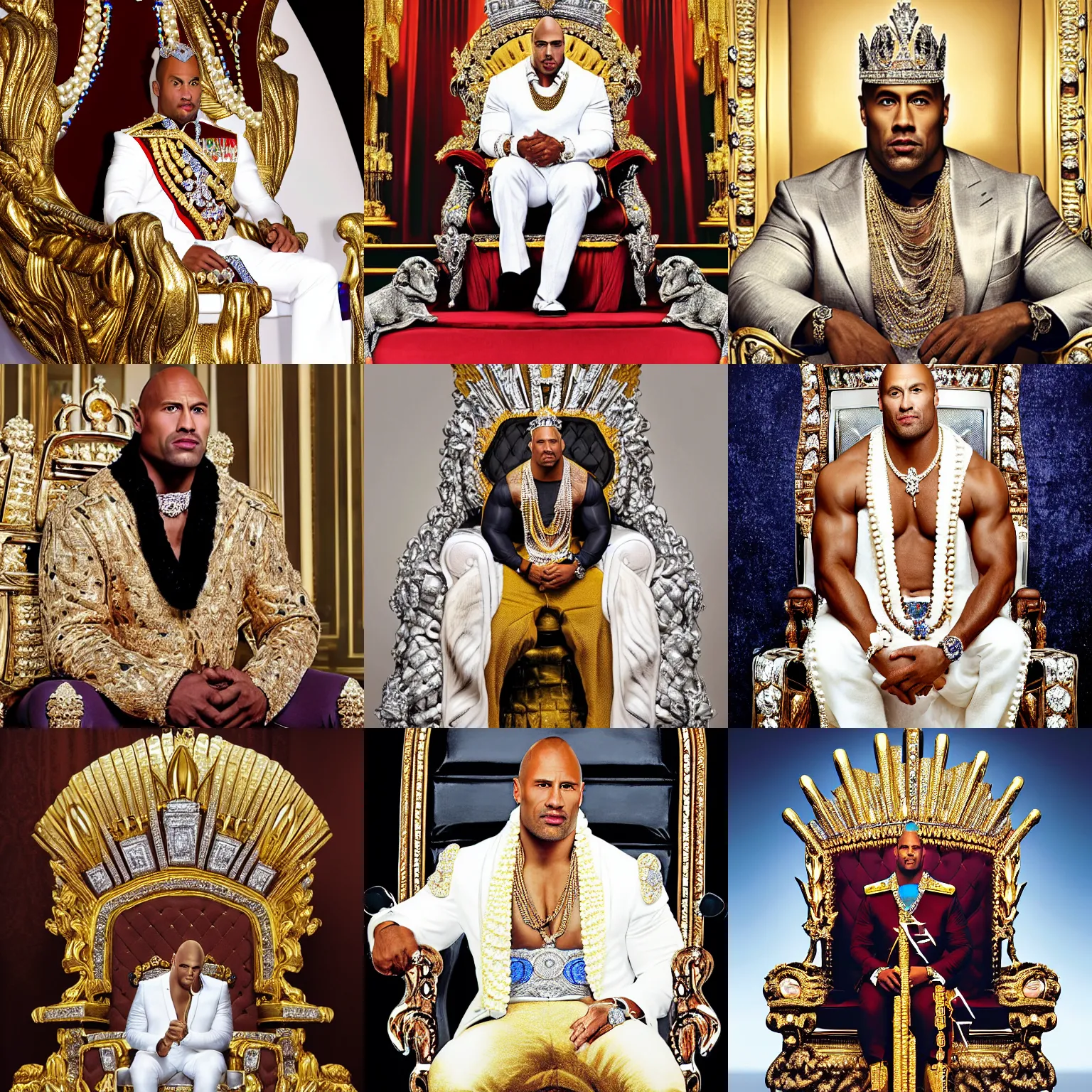 Prompt: photo of dwanye the rock johnson sitting on queens throne royalty wearing royal mantle gold jewelry diamonds pearls jewels by alex ross