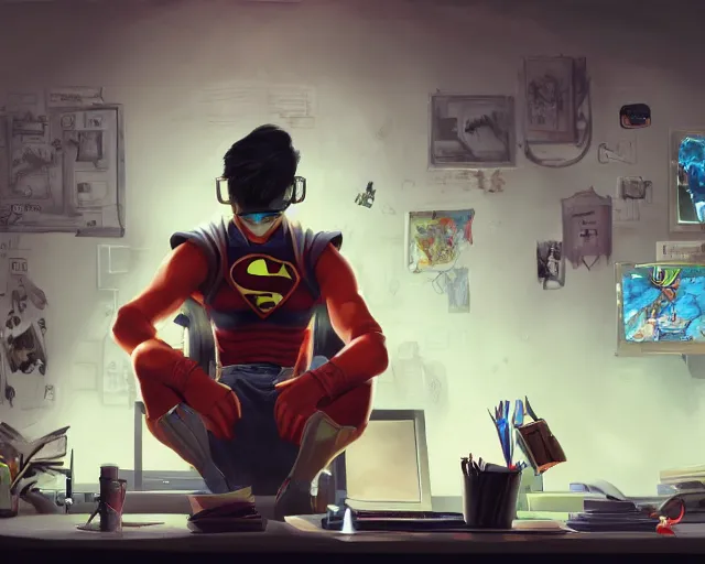 Image similar to an insanely detailed painting of a nerdy asian man wearing a superhero costume, sitting at a desk, staring at the nervously at the computer and typing, in the style of peter mohrbacher, dramatic lighting and composition, octane render, pixar, trending on artstation, concept art, comic book, view from behind