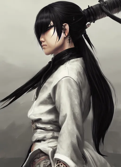 Image similar to a highly detailed illustration of fierce messy ponytail black haired one eyed japanese delinquent woman wearing long white delinquent coat and wearing eyepatch, dramatic wielding paper sword pose, intricate, elegant, highly detailed, centered, digital painting, artstation, concept art, smooth, sharp focus, league of legends concept art, wlop.