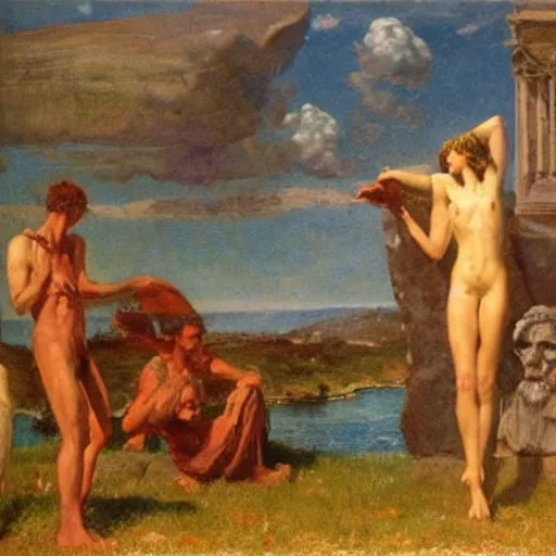 Prompt: Myth is not prehistory; it is timeless reality, which repeats itself in history by Arnold Bocklin by Herbet James Draper. Oil on wood. 1889.