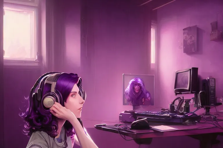 Image similar to wide - shot of stunningly beautiful purple haired female with headphones at home studio streaming computer games late at night, very detailed, 4 k, concept art like ernest khalimov, intricate details, highly detailed by greg rutkowski, ilya kuvshinov, gaston bussiere, craig mullins, simon bisley, backlit