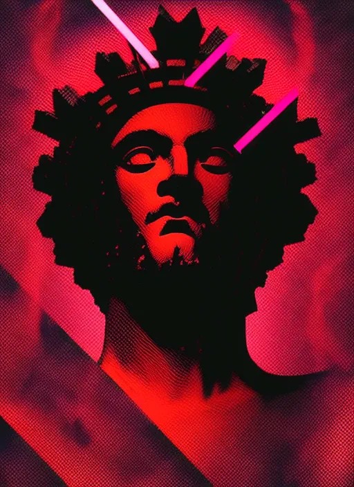 Prompt: black background with subtle red and purple design elements, mostly dark, statue of zeus, nekro, graphic design, collage art, thin lines, dark, glitch art, neo vaporwave, gritty, layout frame, square, trending on artstation