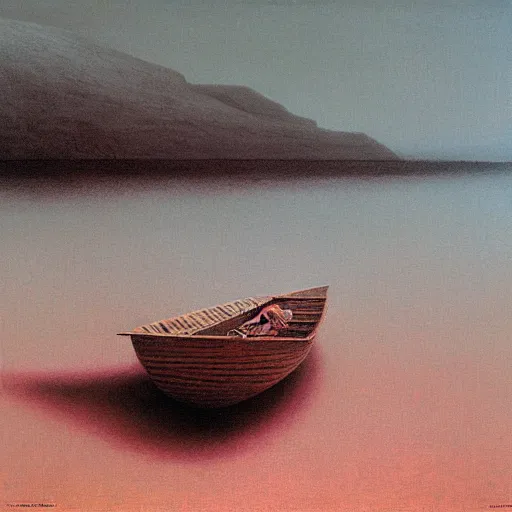 Image similar to a skiff by Zdzisław Beksiński, oil on canvas