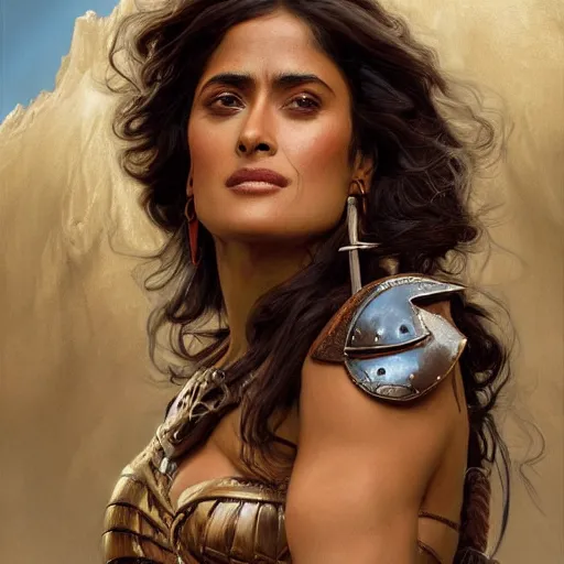 Image similar to a portrait of Salma Hayek as a barbarian, detailed, centered, digital painting, artstation, concept art, donato giancola, Joseph Christian Leyendecker, WLOP, Boris Vallejo, Breathtaking, 8k resolution, extremely detailed, beautiful, establishing shot, artistic, hyperrealistic, beautiful face, octane render