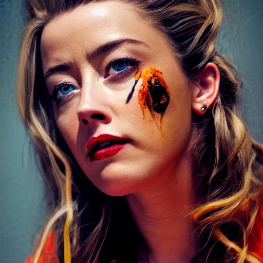 Image similar to amber heard with tattoos on her face in orange prison uniform, ultra realistic, canon 3 5 mm portrait photography, 8 k