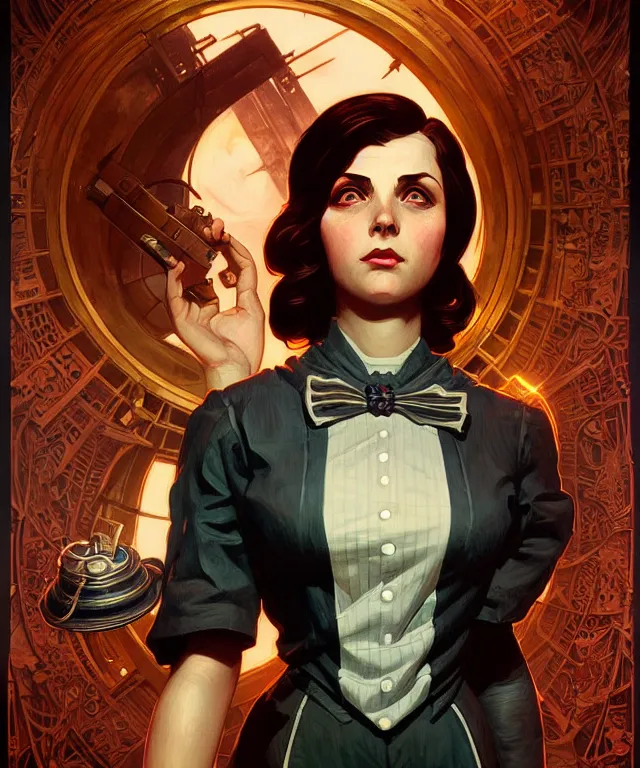 Prompt: bioshock big sister portrait, intricate, elegant, highly detailed, digital painting, artstation, concept art, smooth, sharp focus, illustration, art by artgerm and greg rutkowski and alphonse mucha