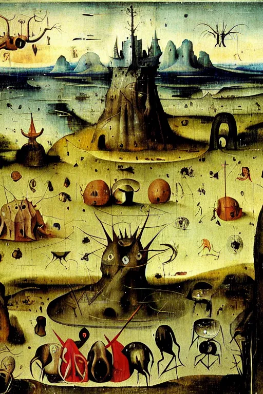 Image similar to a beautiful landscape with weird creatures by hieronymus bosch and dali