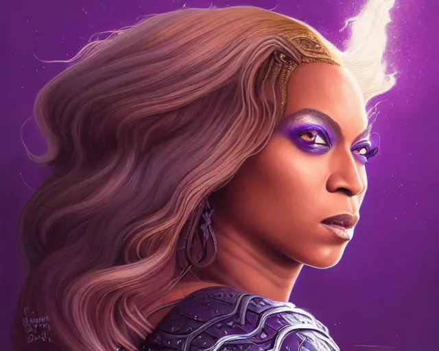 Prompt: beyonce as a wizard, purple streaks in hair, bat hovering on her shoulder, deep focus, d & d, fantasy, intricate, elegant, highly detailed, digital painting, artstation, concept art, matte, sharp, illustration, hearthstone, art by artgerm and greg rutkowski and alphonse mucha