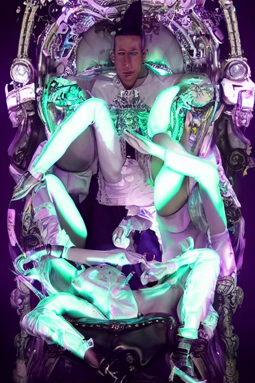 Prompt: full-body rococo and cyberpunk style neon statue of a muscular attractive Daddy Yankee macho dotado e rico android sim roupa reclining con las piernas abertas e la piroca dura, glowing white lasers, glowing eyes, silver prince crown, silver steampunk gears, white diamonds, swirling mint-colored silk fabric. futuristic elements. ethereal white dripping tar. full-length view. space robots. human skulls. intricate artwork by caravaggio. Trending on artstation, octane render, cinematic lighting from the right, hyper realism, octane render, 8k, depth of field, 3D