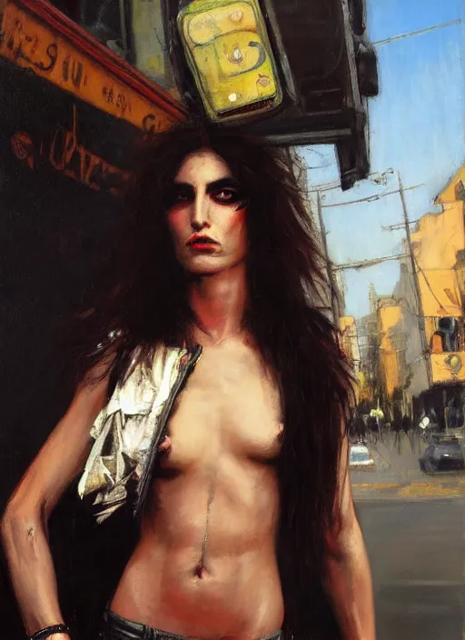 Image similar to androgynous glam rocker outside cbgb in the style of phil hale, sfumato Orientalist portrait by john william waterhouse and James Gurney and Theodore Ralli and Nasreddine Dinet, oil on canvas. Cinematic, hyper realism, realistic proportions, dramatic lighting, high detail 4k