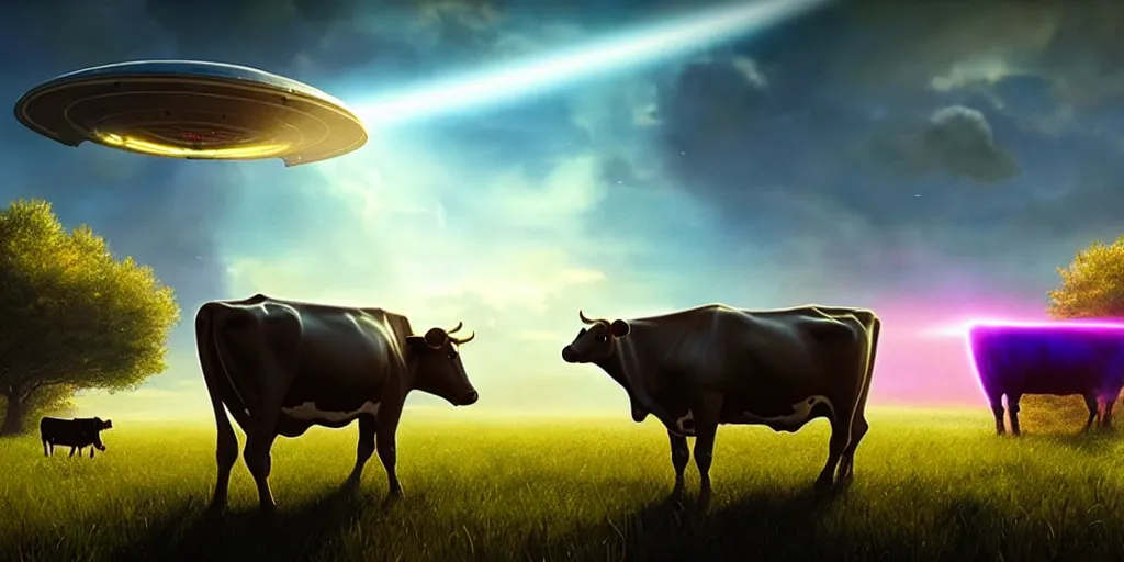 Image similar to a beautiful ufo abducting a cow from a field, beam of light, vivid colors, digital art, landscape, fantasy art, octane render, unreal engine, high detail, very realistic, by greg rutkowski. by james gurney